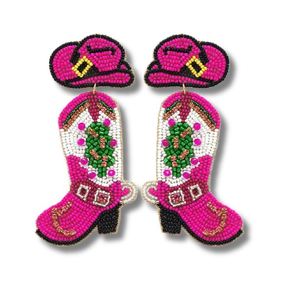 Christmas Holiday Gift Western Fuchsia Seed Beaded Boots Boho Earrings - Picture 3 of 3